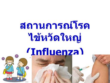 สถานการณ์โรค ไข้หวัดใหญ่ (Influenza). ระดับประเ ทศ ข้อมูลวันที่ 1 ม. ค. 2557 - 22 มี. ค. 2557 - ผู้ป่วย 23,899 ราย - อัตราป่วย 37.62 ต่อ ปชก. แสนคน -