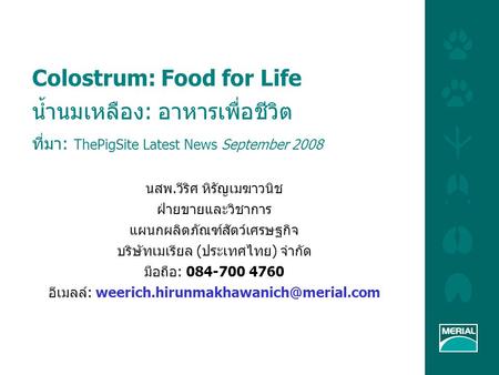 Colostrum: Food for Life น้ำนมเหลือง: อาหารเพื่อชีวิต ที่มา: ThePigSite Latest News September 2008 นสพ.วีริศ หิรัญเมฆาวนิช ฝ่ายขายและวิชาการ แผนกผลิตภัณฑ์สัตว์เศรษฐกิจ.
