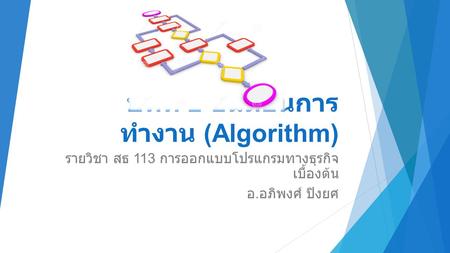 บทที่ 2 ขั้นตอนการ ทำงาน (Algorithm) รายวิชา สธ 113 การออกแบบโปรแกรมทางธุรกิจ เบื้องต้น อ. อภิพงศ์ ปิงยศ.