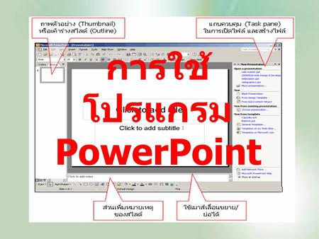 การใช้ โปรแกรม PowerPoint. เปิดโปรแกรม Power Point คลิกที่ปุ่ม Start > เลือก Programs > Microsoft Office > Microsoft Office Power Point.