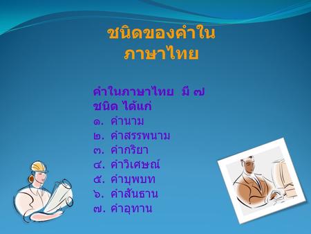 ชนิดของคำในภาษาไทย คำในภาษาไทย มี ๗ ชนิด ได้แก่ คำนาม คำสรรพนาม