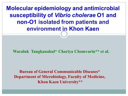 Molecular epidemiology and antimicrobial susceptibility of Vibrio cholerae O1 and non-O1 isolated from patients and environment in Khon Kaen Waraluk Tangkanakul*