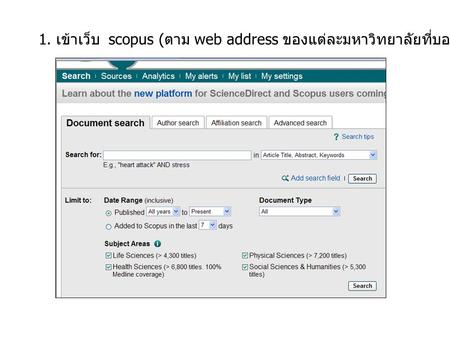 1. เข้าเว็บ scopus ( ตาม web address ของแต่ละมหาวิทยาลัยที่บอกรับเป็นสมาชิก )