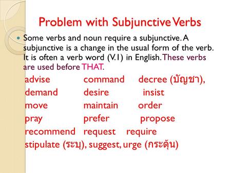 Problem with Subjunctive Verbs Some verbs and noun require a subjunctive. A subjunctive is a change in the usual form of the verb. It is often a verb word.