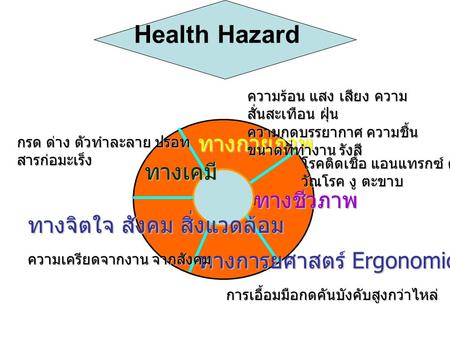 Health Hazard ทางกายภาพ ทางเคมี ทางชีวภาพ ทางจิตใจ สังคม สิ่งแวดล้อม