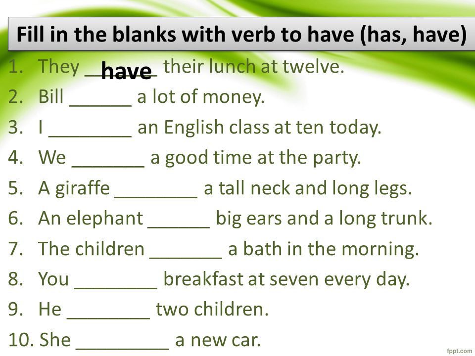 Fill in the blanks with verb to have (has, have)