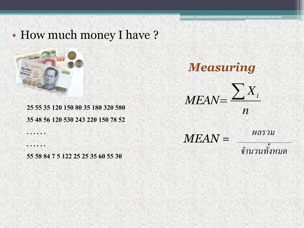 How much money I have Measuring ผลรวม MEAN = จำนวนทั้งหมด
