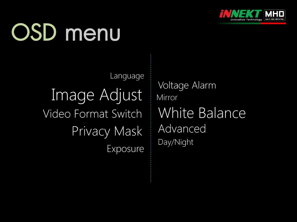 OSD menu Image Adjust White Balance Privacy Mask Video Format Switch