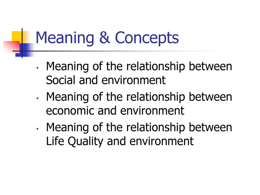 Meaning & Concepts Meaning of the relationship between Social and environment. Meaning of the relationship between economic and environment.