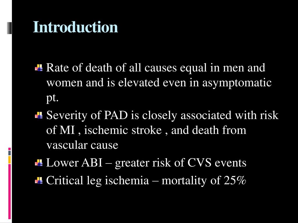 Introduction Rate of death of all causes equal in men and women and is elevated even in asymptomatic pt.