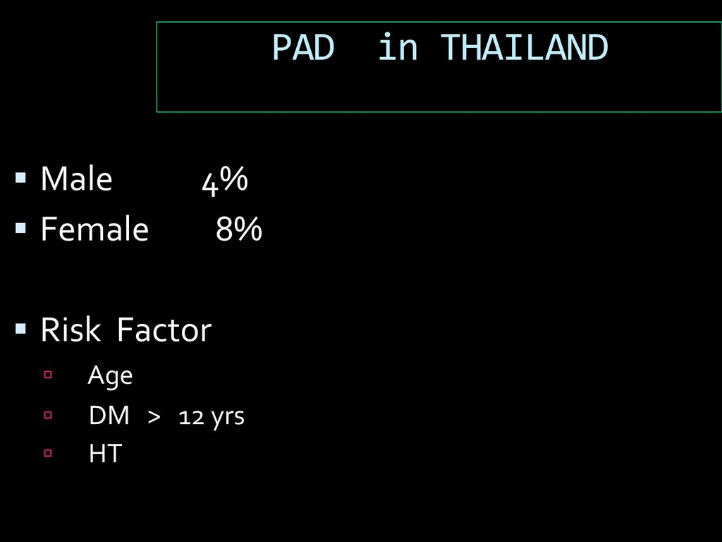 PAD in THAILAND Male 4% Female 8% Risk Factor Age DM > 12 yrs HT