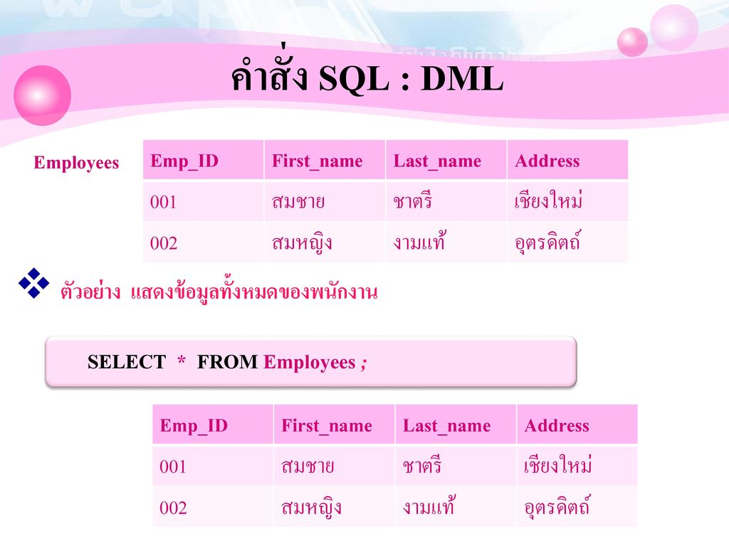 คำสั่ง SQL : DML ตัวอย่าง แสดงข้อมูลทั้งหมดของพนักงาน Employees Emp_ID