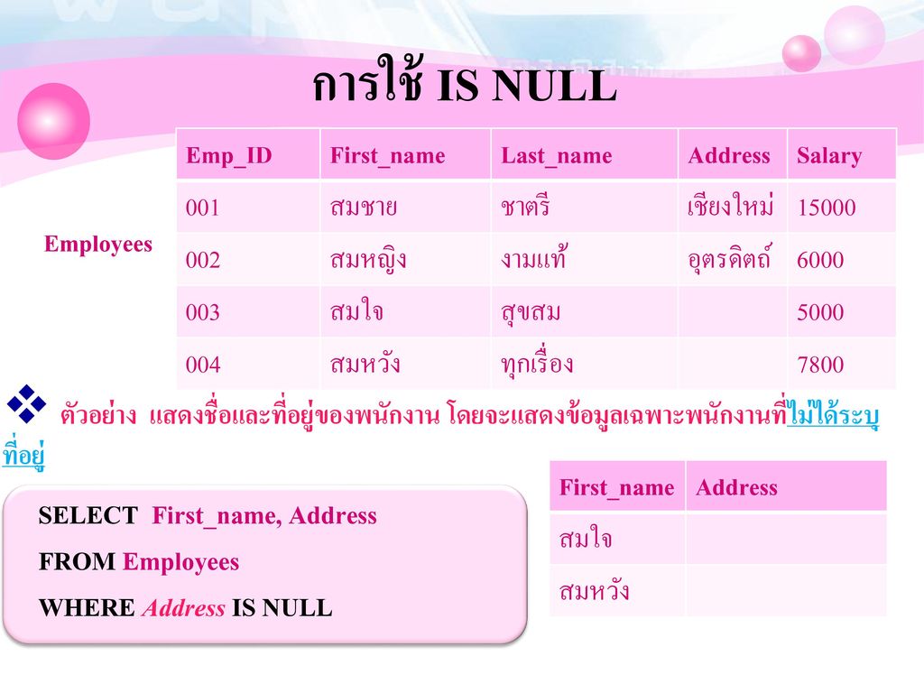 การใช้ IS NULL Emp_ID. First_name. Last_name. Address. Salary สมชาย. ชาตรี เชียงใหม่