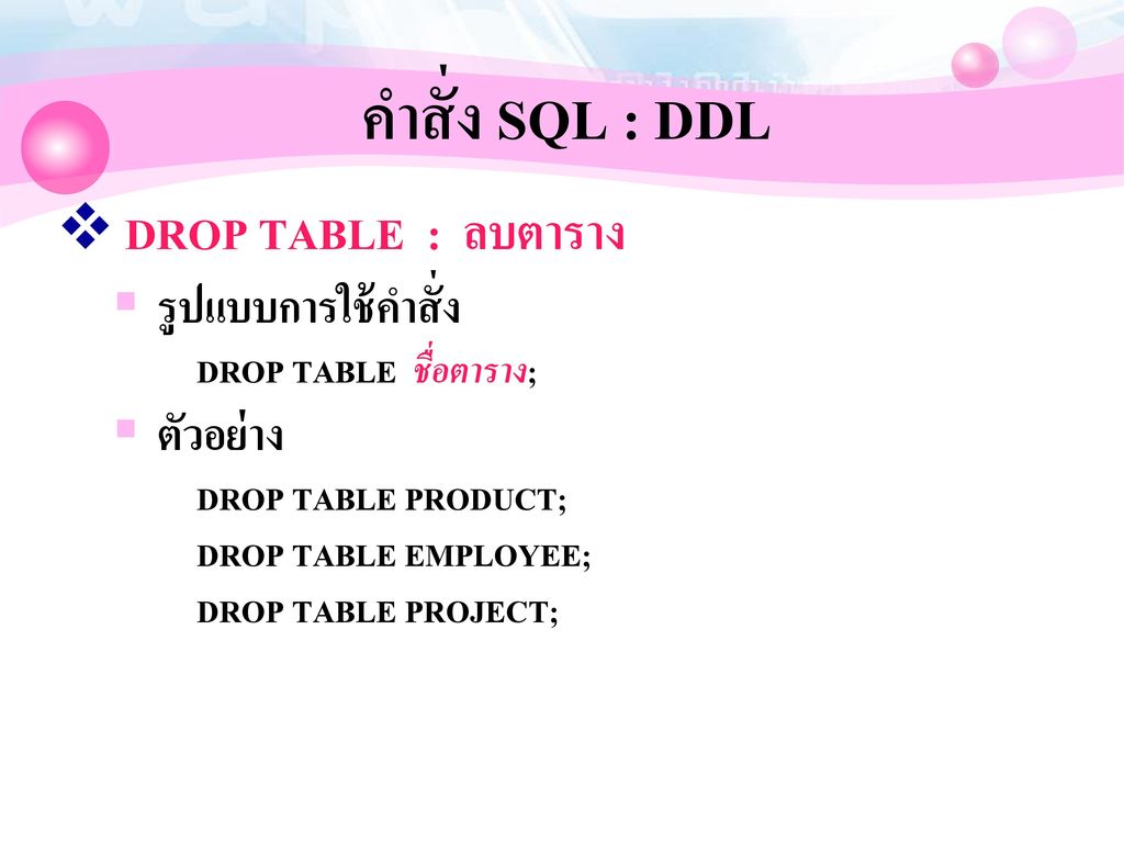 คำสั่ง SQL : DDL DROP TABLE : ลบตาราง รูปแบบการใช้คำสั่ง ตัวอย่าง
