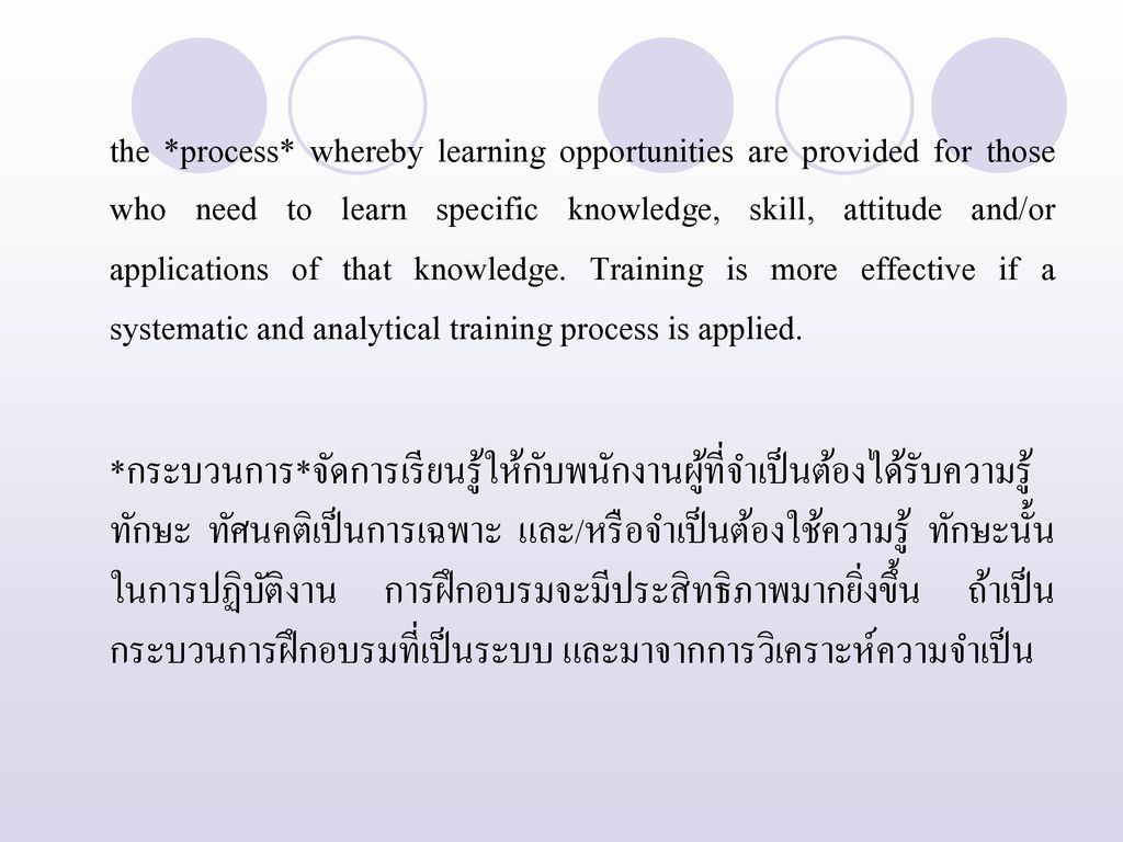 the *process* whereby learning opportunities are provided for those who need to learn specific knowledge, skill, attitude and/or applications of that knowledge. Training is more effective if a systematic and analytical training process is applied.