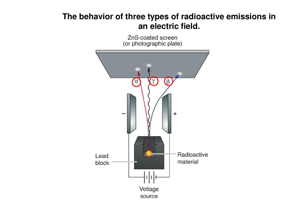 The behavior of three types of radioactive emissions in an electric field.