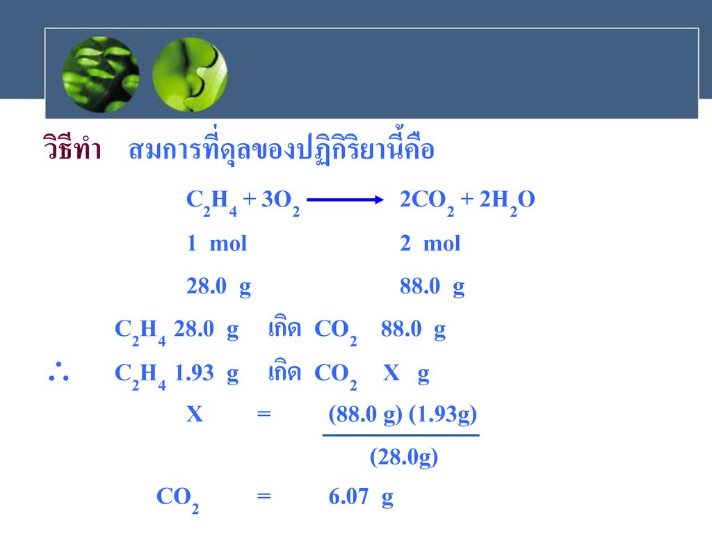 วิธีทำ สมการที่ดุลของปฏิกิริยานี้คือ C2H4 + 3O2 2CO2 + 2H2O