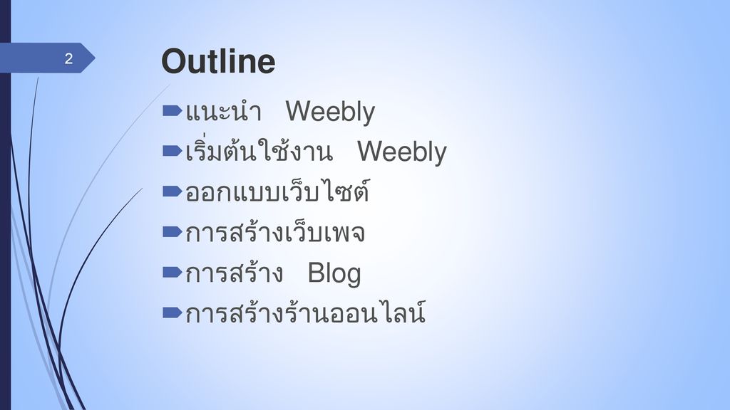 Outline แนะนำ Weebly เริ่มต้นใช้งาน Weebly ออกแบบเว็บไซต์