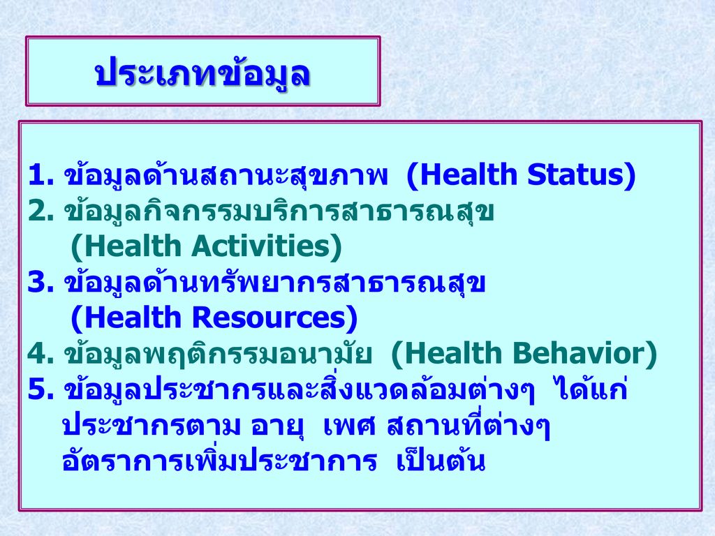 ประเภทข้อมูล 1. ข้อมูลด้านสถานะสุขภาพ (Health Status)