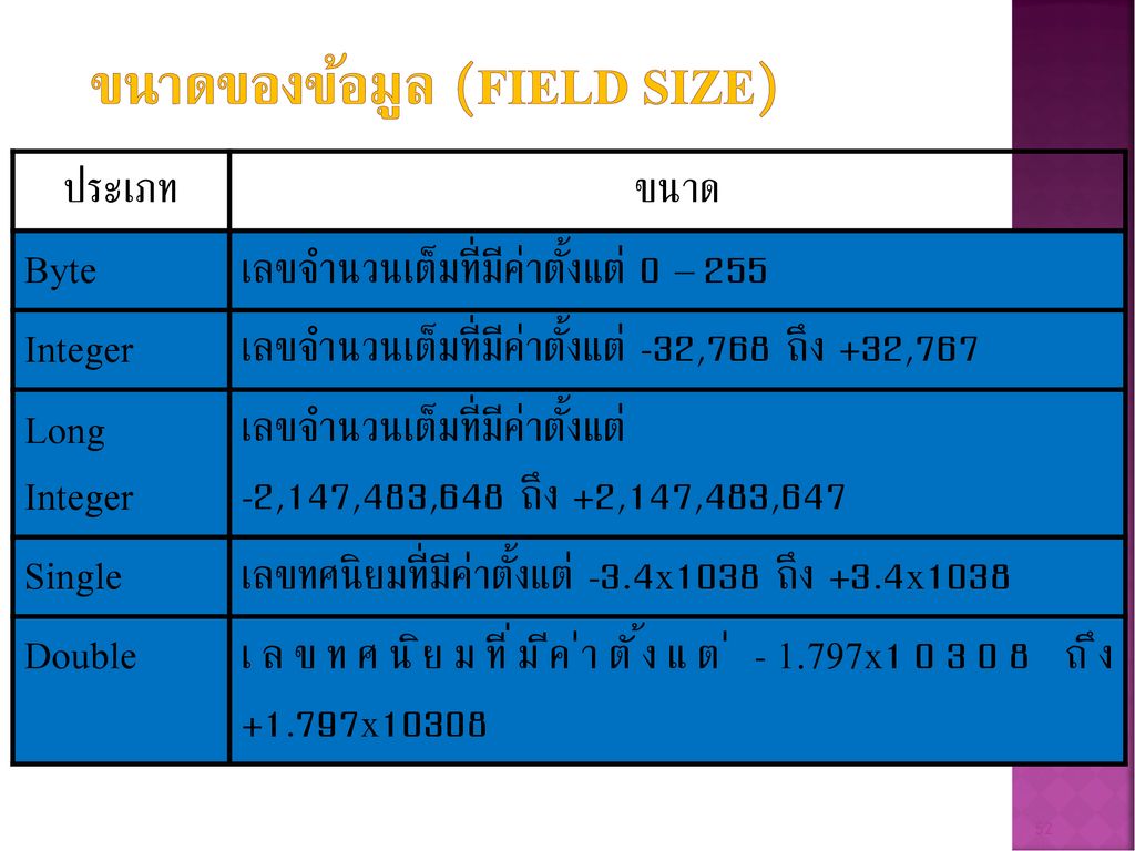 ขนาดของข้อมูล (Field Size)