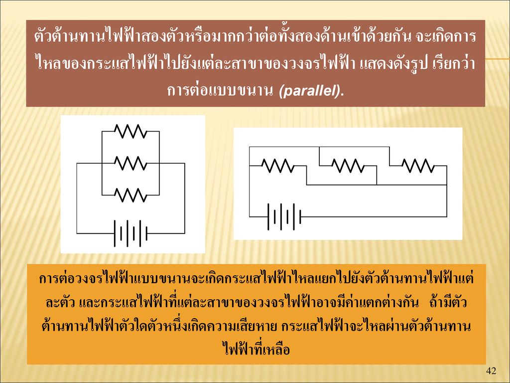 ตัวต้านทานไฟฟ้าสองตัวหรือมากกว่าต่อทั้งสองด้านเข้าด้วยกัน จะเกิดการไหลของกระแสไฟฟ้าไปยังแต่ละสาขาของวงจรไฟฟ้า แสดงดังรูป เรียกว่า การต่อแบบขนาน (parallel).