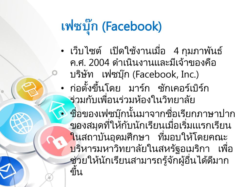 เฟซบุ๊ก (Facebook) เว็บไซต์ เปิดใช้งานเมื่อ 4 กุมภาพันธ์ ค.ศ ดำเนินงานและมีเจ้าของคือ บริษัท เฟซบุ๊ก (Facebook, Inc.)