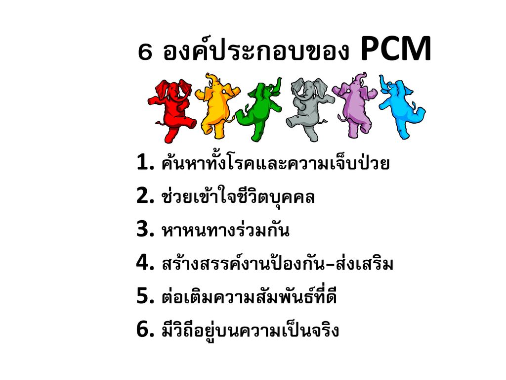 6 องค์ประกอบของ PCM 1. ค้นหาทั้งโรคและความเจ็บป่วย