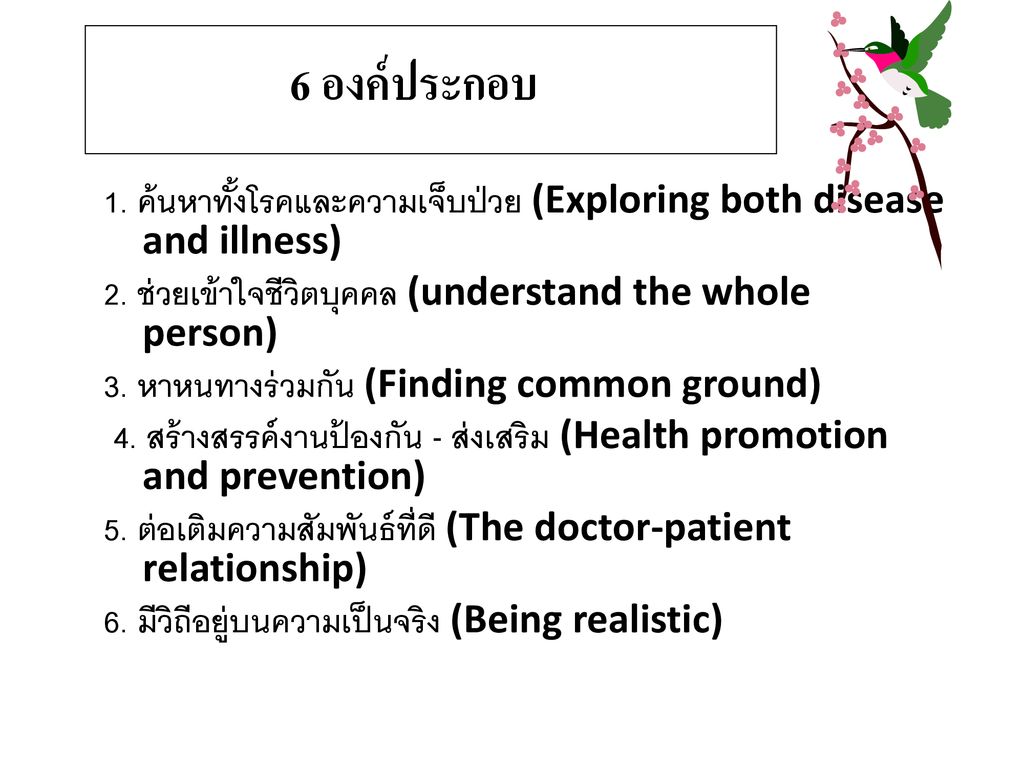 6 องค์ประกอบ 1. ค้นหาทั้งโรคและความเจ็บป่วย (Exploring both disease and illness) 2. ช่วยเข้าใจชีวิตบุคคล (understand the whole person)