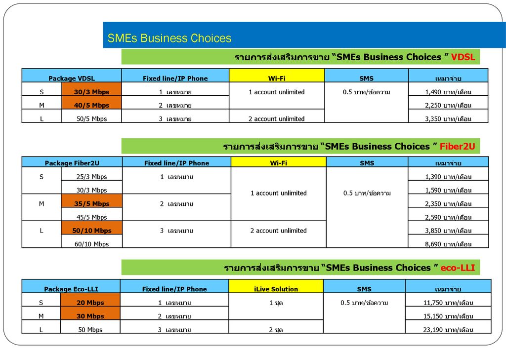 SMEs Business Choices รายการส่งเสริมการขาย SMEs Business Choices VDSL. Package VDSL. Fixed line/IP Phone.