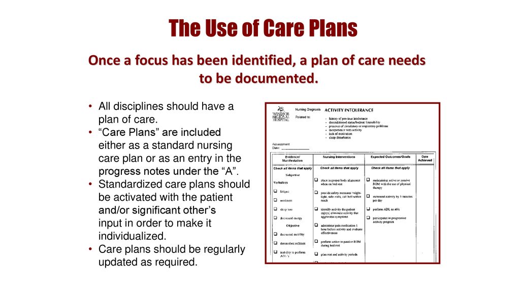 Once a focus has been identified, a plan of care needs