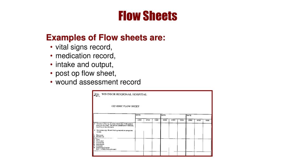 Flow Sheets Examples of Flow sheets are: vital signs record,