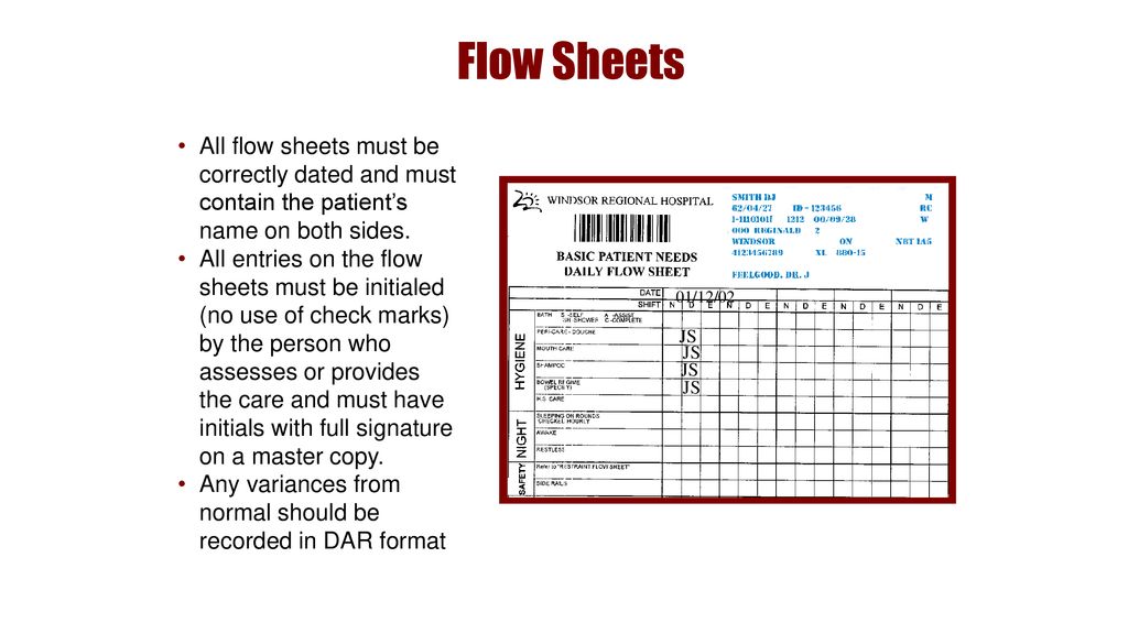 Flow Sheets All flow sheets must be correctly dated and must contain the patient’s name on both sides.