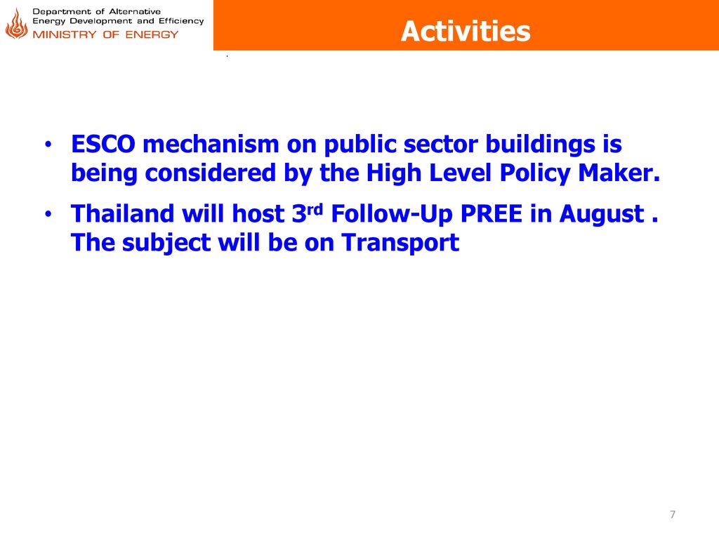 Activities ESCO mechanism on public sector buildings is being considered by the High Level Policy Maker.