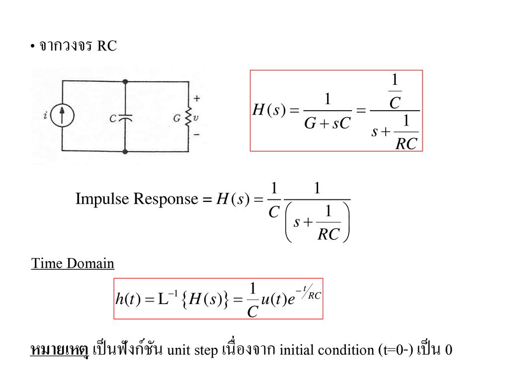 จากวงจร RC Time Domain หมายเหตุ เป็นฟังก์ชัน unit step เนื่องจาก initial condition (t=0-) เป็น 0