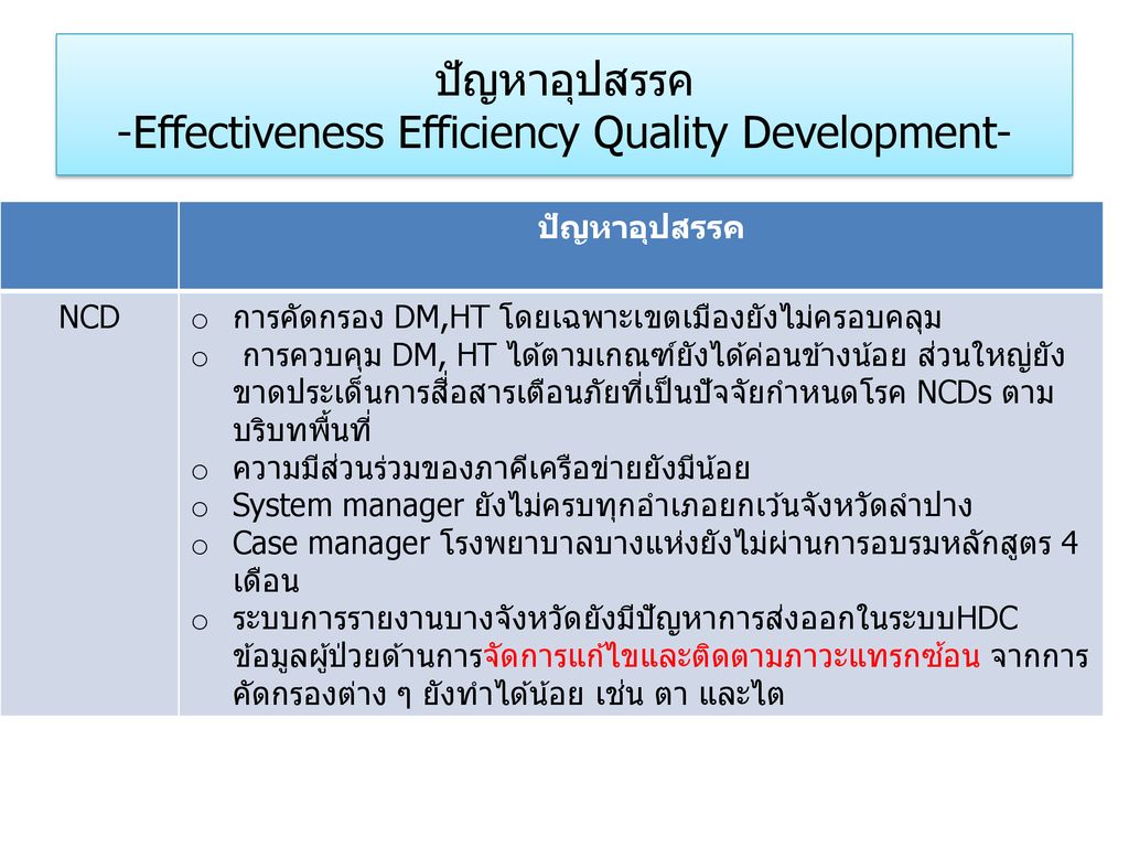 ปัญหาอุปสรรค -Effectiveness Efficiency Quality Development-