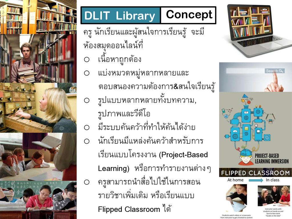 DLIT Library Concept. ครู นักเรียนและผู้สนใจการเรียนรู้ จะมี ห้องสมุดออนไลน์ที่ เนื้อหาถูกต้อง.