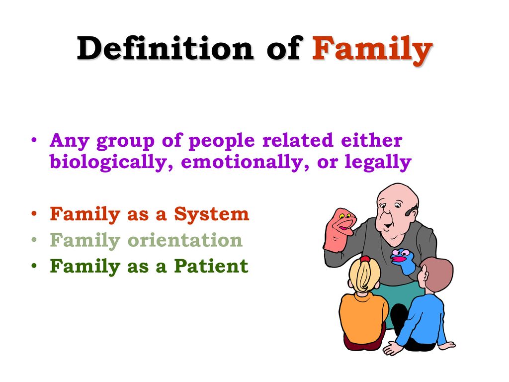 Definition of Family Any group of people related either biologically, emotionally, or legally. Family as a System.