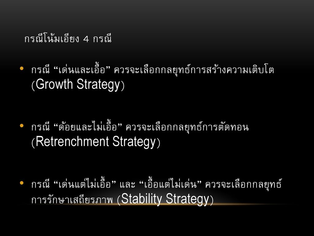 กรณีโน้มเอียง 4 กรณี กรณี เด่นและเอื้อ ควรจะเลือกกลยุทธ์การสร้างความเติบโต (Growth Strategy)