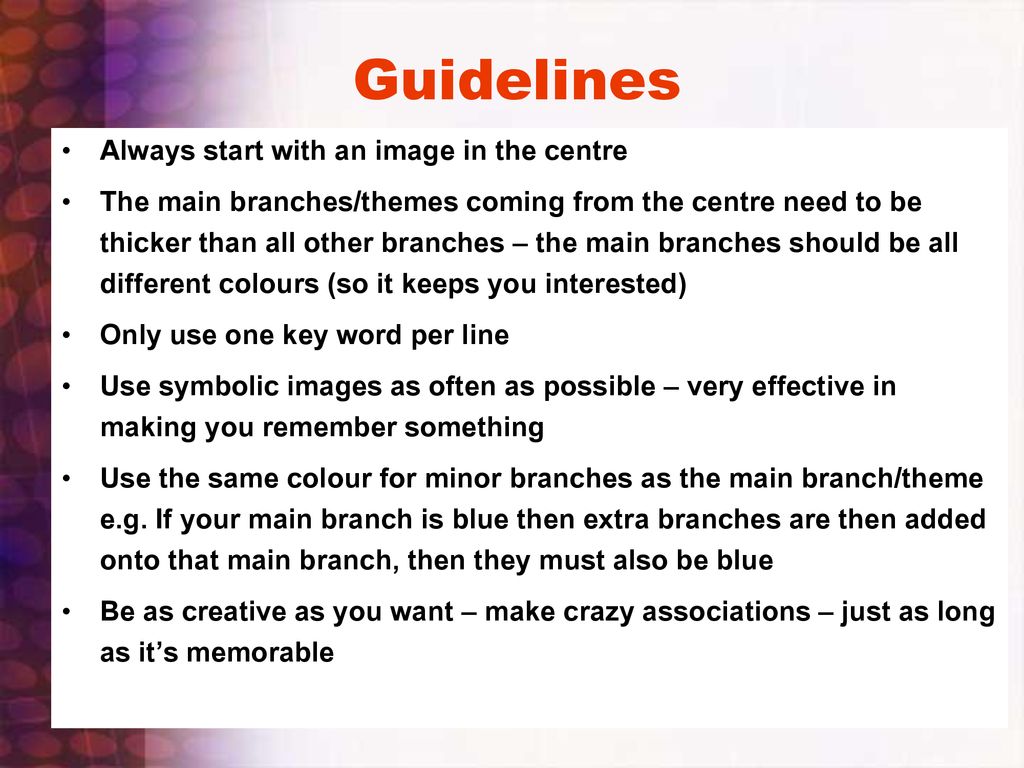Guidelines Always start with an image in the centre