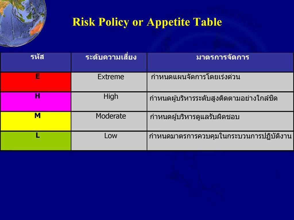 Risk Policy or Appetite Table