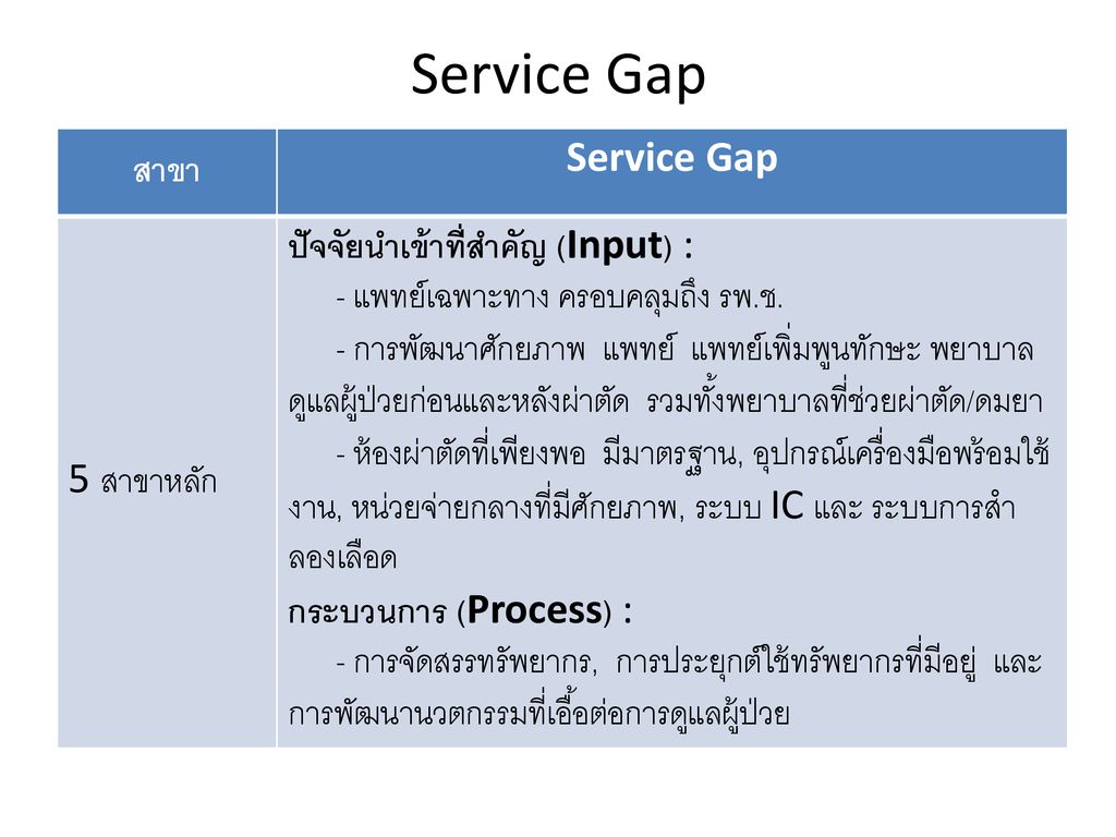Service Gap Service Gap สาขา ปัจจัยนำเข้าที่สำคัญ (Input) :