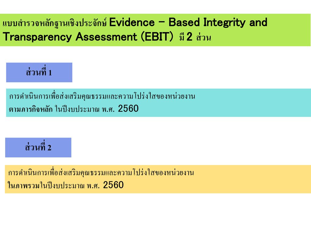แบบสำรวจหลักฐานเชิงประจักษ์ Evidence – Based Integrity and Transparency Assessment (EBIT) มี 2 ส่วน