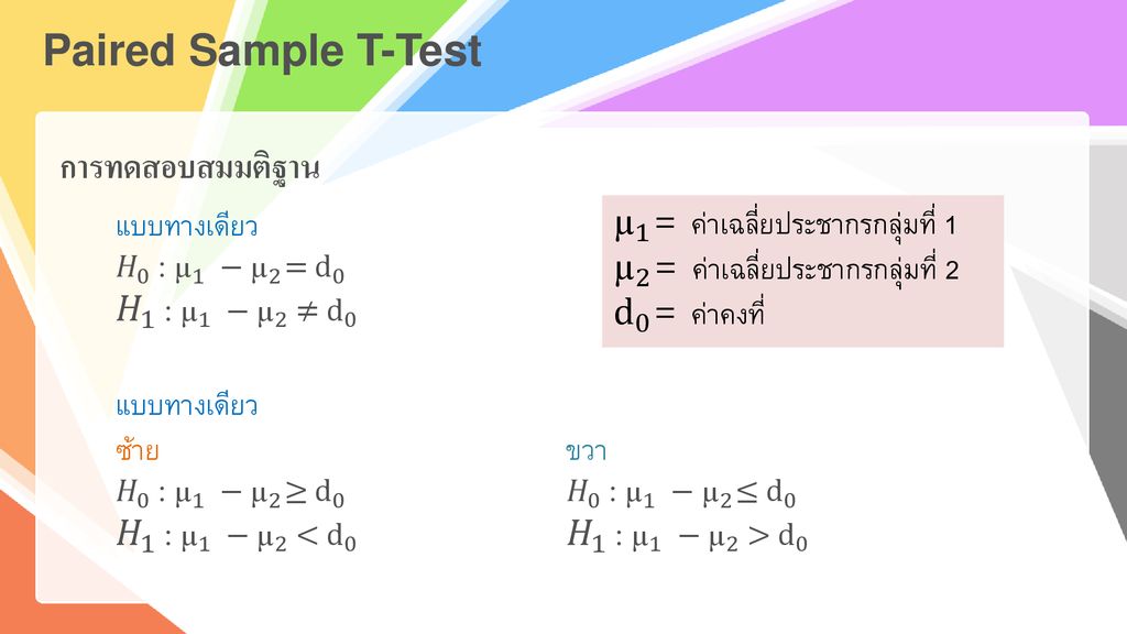 Paired Sample T-Test การทดสอบสมมติฐาน µ 1 = ค่าเฉลี่ยประชากรกลุ่มที่ 1