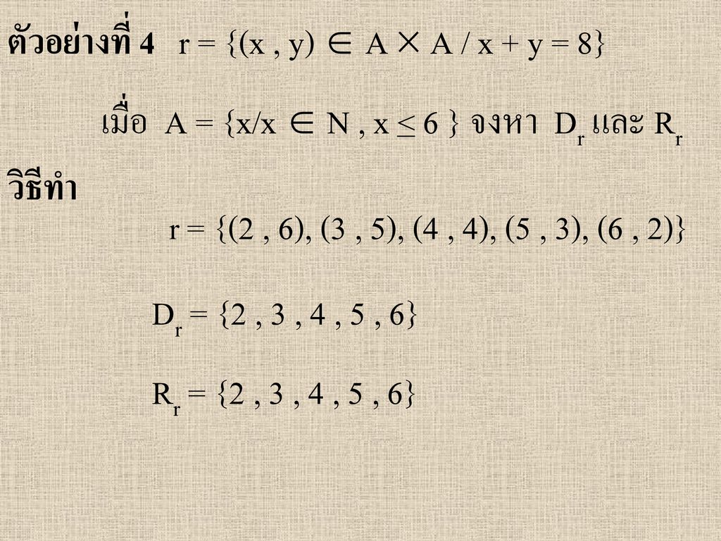 ตัวอย่างที่ 4 r = {(x , y)  A  A / x + y = 8}