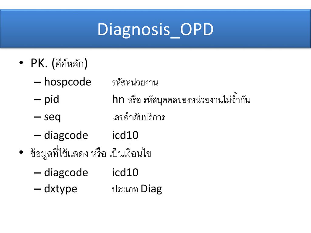 Diagnosis_OPD PK. (คีย์หลัก) ข้อมูลที่ใช้แสดง หรือ เป็นเงื่อนไข