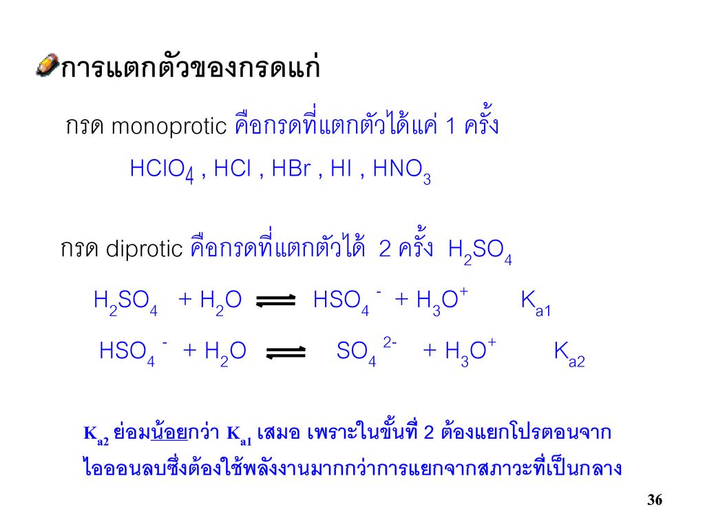 การแตกตัวของกรดแก่ กรด monoprotic คือกรดที่แตกตัวได้แค่ 1 ครั้ง HClO4 , HCl , HBr , HI , HNO3 กรด diprotic คือกรดที่แตกตัวได้ 2 ครั้ง H2SO4.