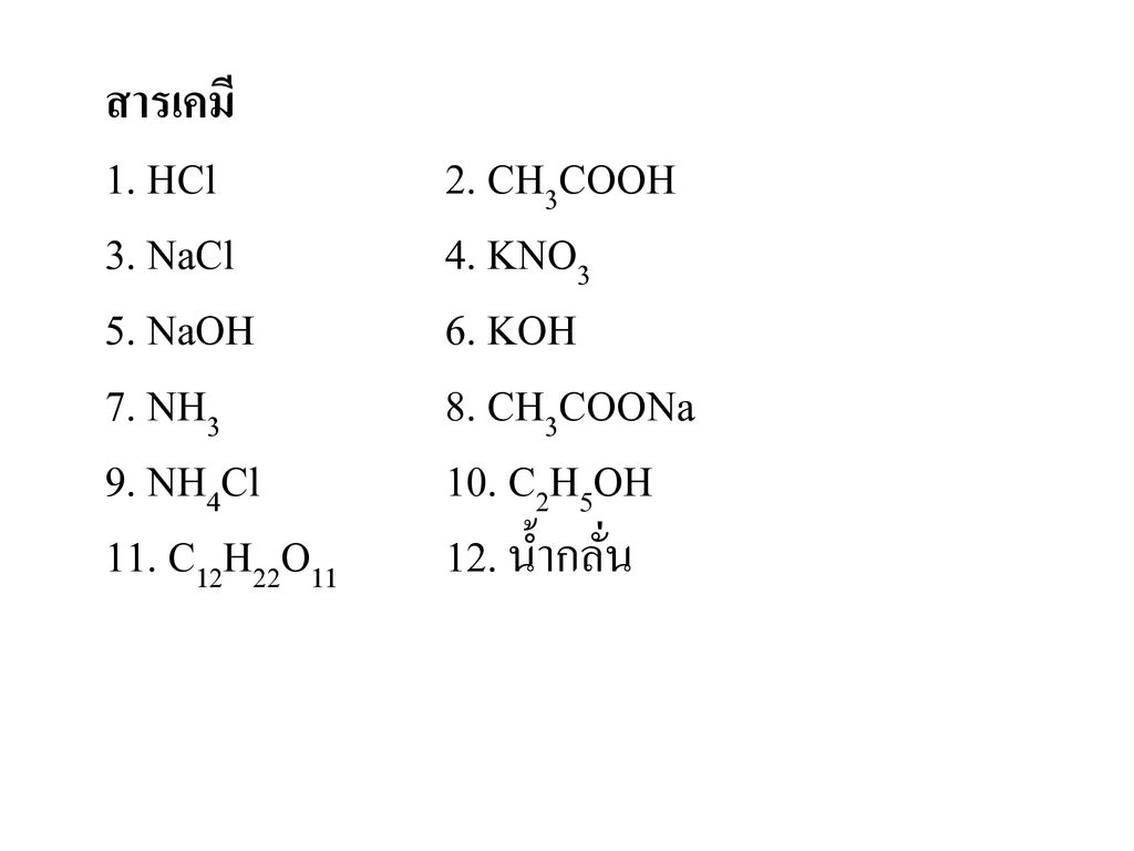 สารเคมี 1. HCl 2. CH3COOH. 3. NaCl 4. KNO3. 5. NaOH 6. KOH. 7. NH3 8. CH3COONa. 9. NH4Cl 10. C2H5OH.