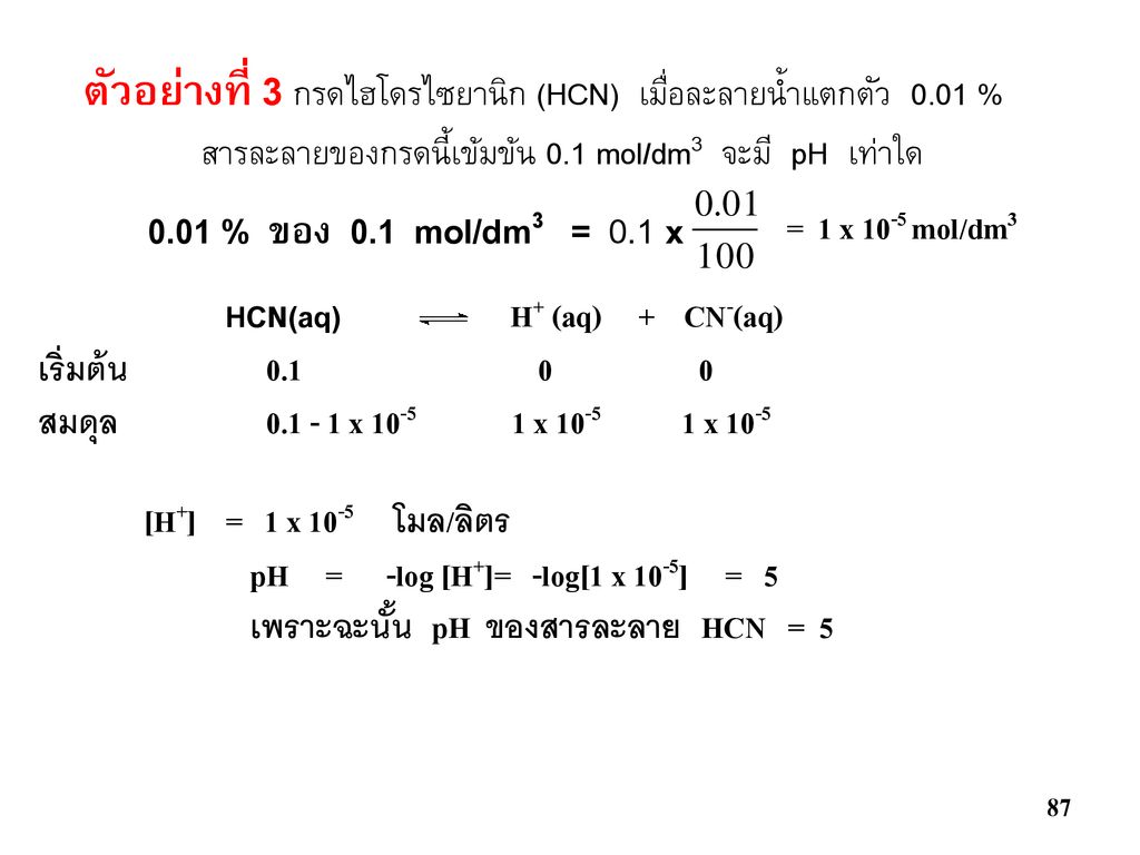 ตัวอย่างที่ 3 กรดไฮโดรไซยานิก (HCN) เมื่อละลายน้ำแตกตัว 0.01 %