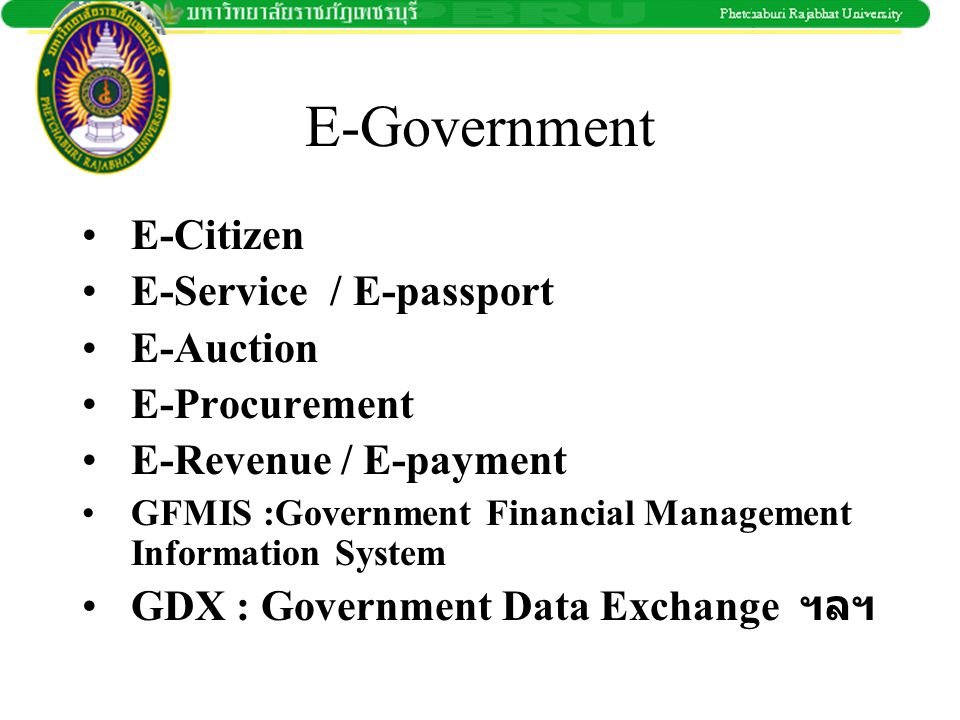 E-Government E-Citizen E-Service / E-passport E-Auction E-Procurement