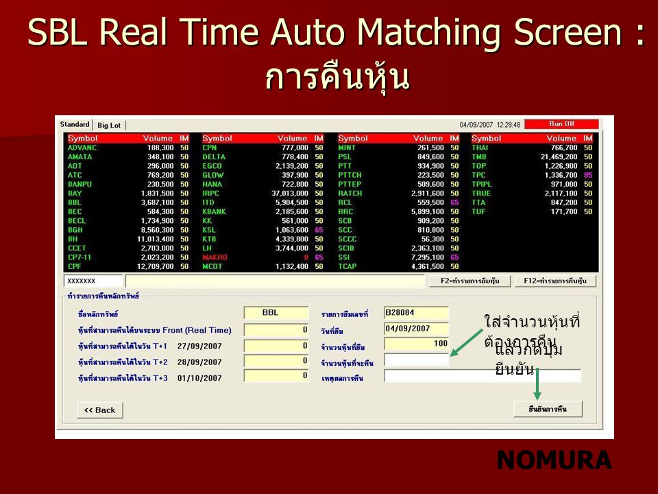 SBL Real Time Auto Matching Screen :การคืนหุ้น